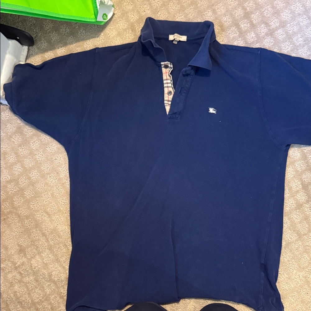 Burberry Navy Polo Shirt with Check Detail